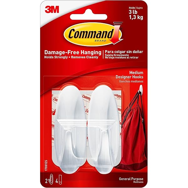 Command Medium Designer Hooks, 2 Hooks and 4 Command Strips, Damage-Free Hanging Wall Hooks with Adhesive Strips, Adhesive Hooks for Hanging Christmas Decorations, Holds up to 3 lb