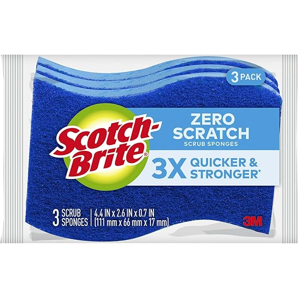 Scotch-Brite Zero Scratch Scrub Sponge, 3 Kitchen Sponges for Cleaning Around the Home, Bathroom & More, Effective + Gentle Dish Scrubber, Best for Nonstick Pots and Pans, Safe on Most Surfaces
