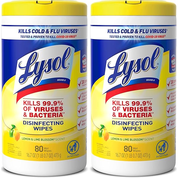 Lysol Disinfectant Wipes Multi-Surface Antibacterial Cleaning Wipes, Dorm Room Essentials For Disinfecting and Cleaning Lemon and Lime Blossom 80 Count (Pack of 2)