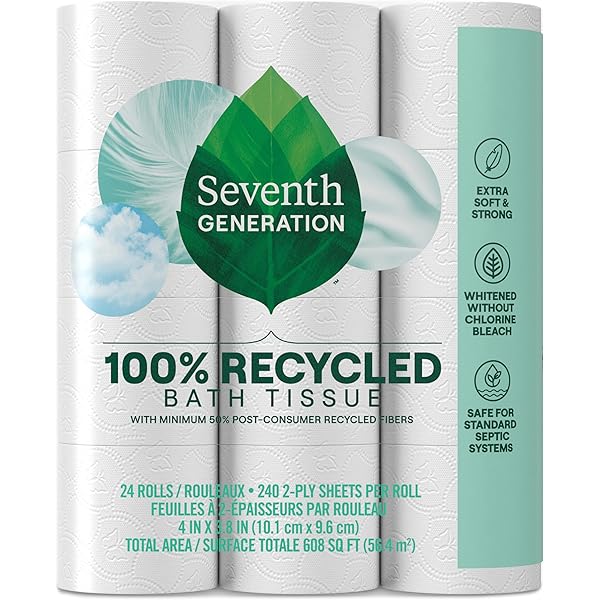 Seventh Generation Toilet Paper White Bathroom Tissue 2-ply 100% Recycled Paper without Chlorine Bleach 24 count, Pack of 2
