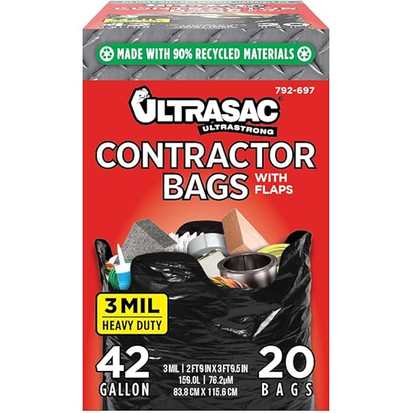 Ultrasac Contractor Bags 42 Gallon (20 PACK/w FLAP TIES), 32.75 x 44.5-3 MIL Thick Large Black Heavy Duty Industrial Garbage Trashbags for Professional Construction and Commercial use