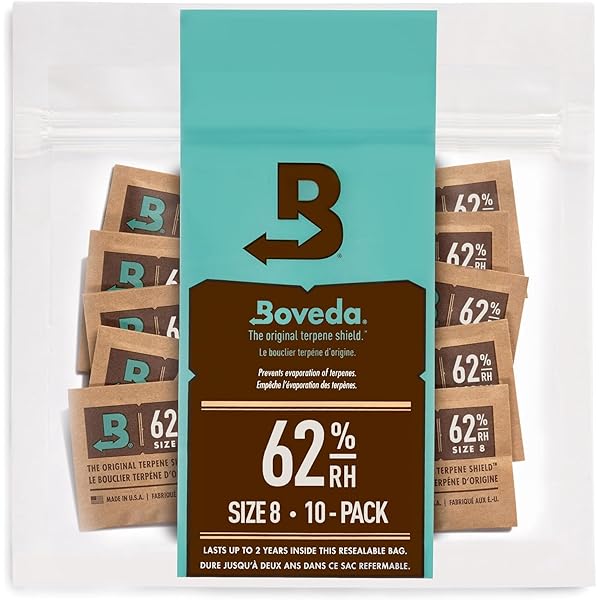 Boveda 62% RH Size 8-10 Pack Two-Way Humidity Control Packs - for Storing 1 oz - Moisture Absorber for Small Storage Containers - Humidifier Packs - Hydration Packets w/Resealable Bag
