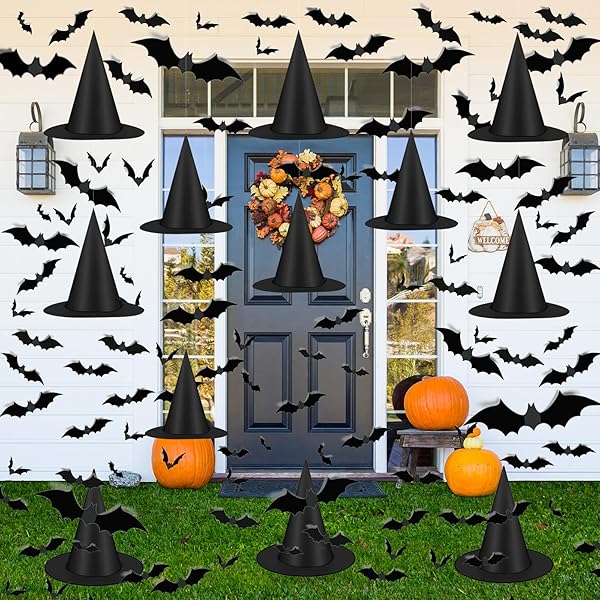 Famoby 12pcs Halloween Black Witch Hat with 157 FT Nylon Cord &120pcs Bat Sticker for Indoor Outdoor Home Yard Porch Ceiling Halloween Party Decorations