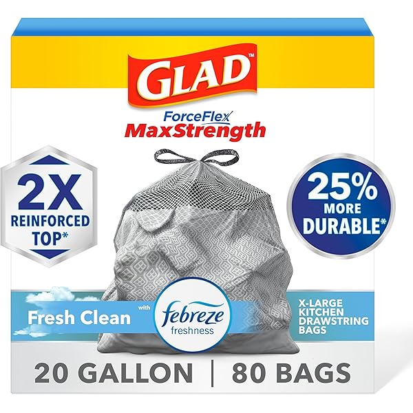 Glad ForceFlex MaxStrength Kitchen Trash Bags, 20 Gal, Fresh Clean Febreze, 80 Ct (Package May Vary)