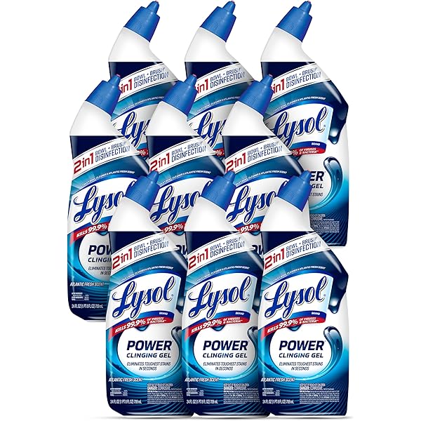 Lysol Toilet Bowl Cleaner, Max Strength Bathroom Cleaning Supplies, Toilet Bowl Cleaner Clinging Gel, Home Essential, Instant Stain Removal, Disinfecting and Deodorizing, Bleach Free, 24 oz (9 ct)