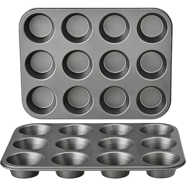 Amazon Basics Nonstick Round Muffin Baking Pan, 12 Cups, Set of 2, Gray, 13.9x10.55x1.22"