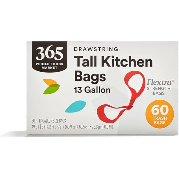 365 by Whole Foods Market, Flextra Strength Drawstring Tall Kitchen Trash Bags, 13 Gallon, 60 Count