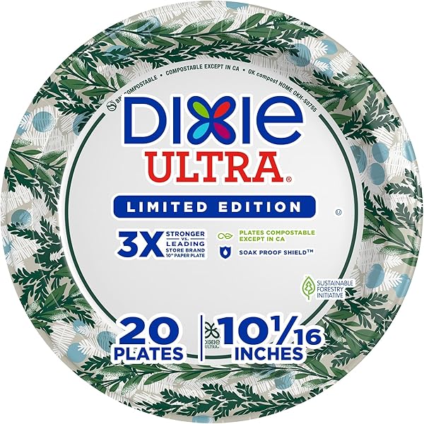 Dixie Ultra Limited Edition Paper Plate, 10 in. Dinner-Size Printed Disposable Plates, 20 ct
