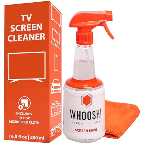 WHOOSH! Pro 16.9 fl oz Refillable TV Screen Cleaner & Microfiber Cloth - Streak-Free Cleaner for Flat Screens, OLED, LCD, Smart TV, Monitors - Non-Toxic, Odorless - Electronics Cleaning Kit