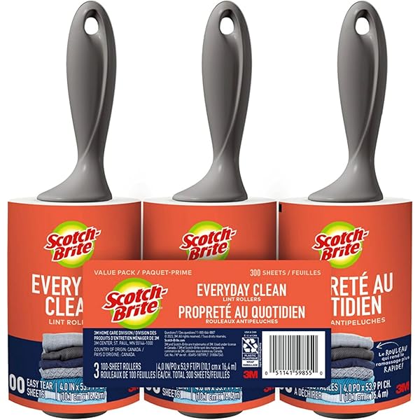 Scotch-Brite Everyday Clean Lint Roller, 3 Pack, Lint Remover for Pet Hair, Dark Clothes, Furniture, and Dusty Surfaces, Picks Up Fur & Fluff in Your Home, Car & Office, 300 Adhesive Sheets Total