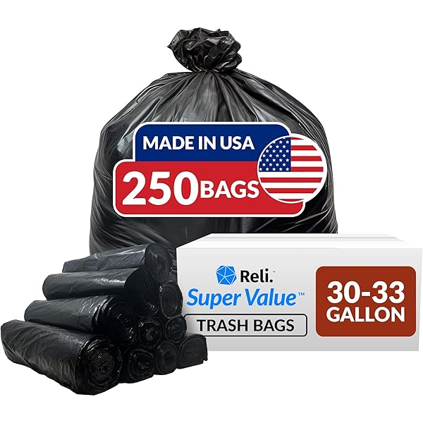 Reli. 30-33 Gallon Trash Bags Heavy Duty | 250 Count Bulk | Black Large Trash Bags 30+, 32 Gallon | Made in USA