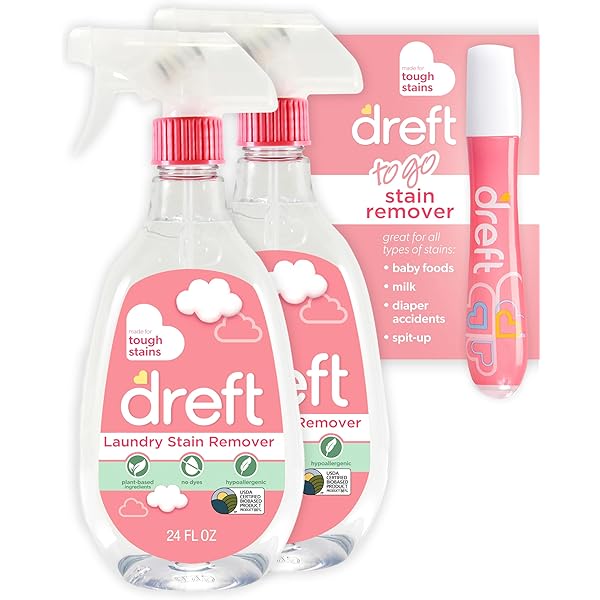 Dreft Stain Remover for Baby Clothes and Hypoallergenic Baby Stain Remover Spray Plus Travel Size Stain Treater Pen, 24 Fl Oz ( Pack of 2 + Stain Pen)