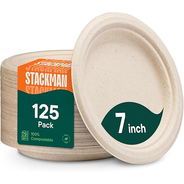 Paper Plates, 100% Compostable Heavy Duty, Disposable 7 Inch, Small Dessert Plate - [125-Pack] - {PFAS-Free} - {BPI Certified} Eco-Friendly, Biodegradable Bagasse Natural Brown 7" Small Plates