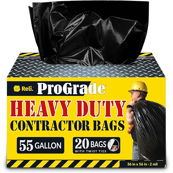 Reli. Contractor Garbage Bags 55 Gallon | 20 Trash Bags | Heavy Duty | Black Contractor