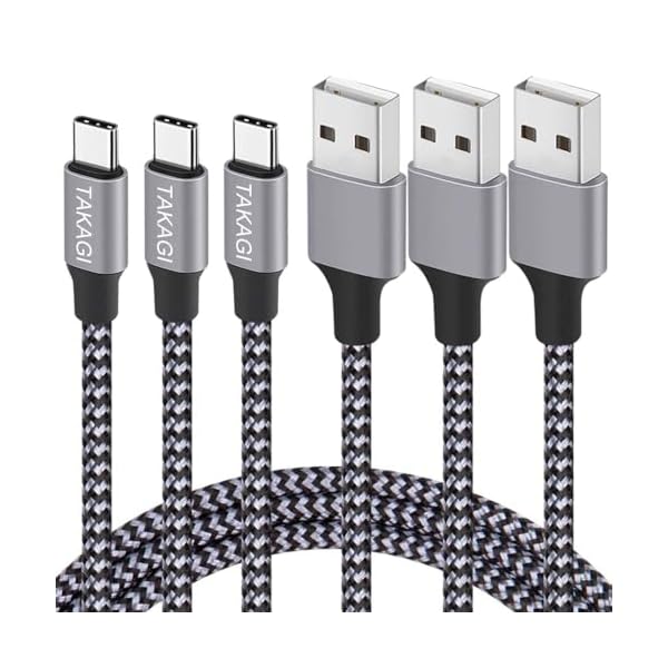 TAKAGI USB to USB C Cable (3Pack 6ft) USB A to Type C Cable Fast Charging Nylon Braided Data Sync Transfer Cord USB C Charger for iPhone 17 Pro Max/17 Air/16e/16 15 Pro/15 Plus/Galaxy S20 S10 Note 20