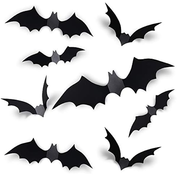 Coogam 60PCS Halloween Bats Decoration, 4 Different Sizes Realistic PVC Black 3D Scary Bat Sticker for Home Decor DIY Wall Decal Bathroom Indoor Hallowmas Party Supplies