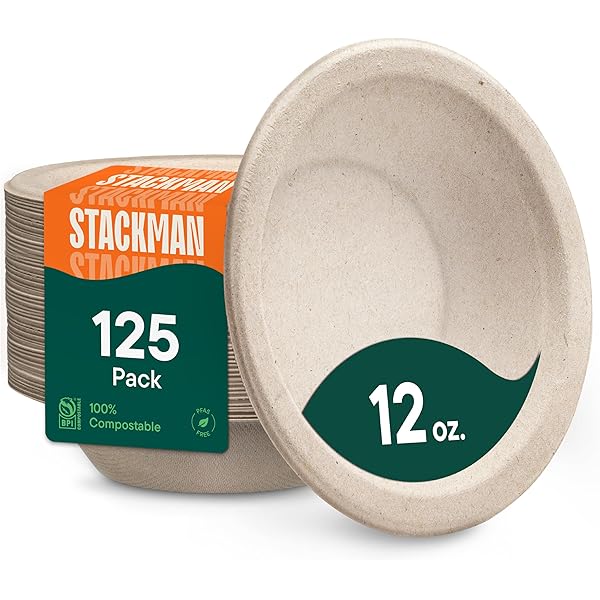Stack Man Paper Bowls, 100% Compostable Disposable Soup Bowl [125-Pack] 12 oz. Heavy Duty, Eco-Friendly, Biodegradable Bagasse Hot Food Plates and Bowls - Natural Brown (BPI Certified) (PFAS-Free)