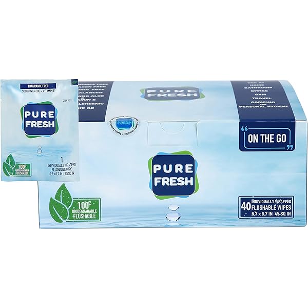 PureFresh Wet Wipes Flushable Individually Wrapped for Travel 40 Singles
