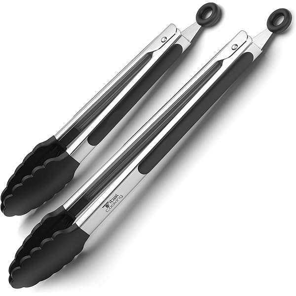 Tribal Cooking Kitchen Tongs with Silicone Tips - Stainless Steel tongs for cooking - 9" and 12" Tongs With Silicone Rubber Non Slip Grips, Heat Resistant Metal Tongs.