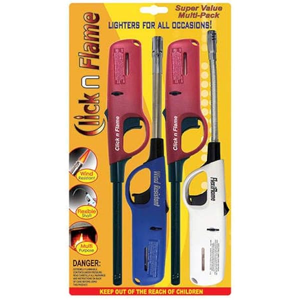 Click n Flame Utility Lighter 4-Pack - Wind Resistant Flexible Shaft Multi Purpose Lighter for BBQ, Kitchen, Candle, Fireplace, Grill