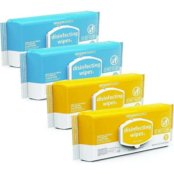 Amazon Basics Disinfecting Wipes, Lemon & Fresh Air Scent, Sanitizes/Cleans/Disinfects/Deodorizes, 320 Count (4 Packs of 80)