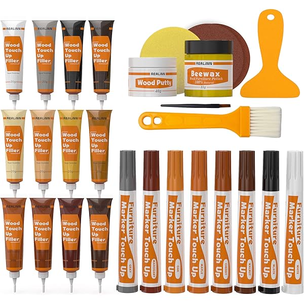 REALINN Wood Furniture Repair Kit- Set of 28 - Touch Up Markers, Fillers with Wood Putty - Repair Scratch, Cracks, Hole, Discoloration for Wooden Door, Floor, Table, Cabinet