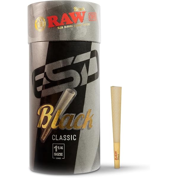 RAW Cones Classic Black 1-1/4 Size | 100 Pack | Slow Burning Pre Rolled Cones - Rolling Paper Pressed Extra Fine for Thin, Naturally Translucent Paper with Tips & Packing Tubes Included