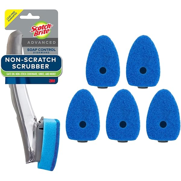 Scotch-Brite Advanced Soap Control Non-Scratch Dishwand Kit, 1 Dish Wand & 5 Sponge Refills, Prevents Soap from Leaking, Leak-Free Guarantee, Best for Nonstick Pots and Pans, Glass, Tubs, & Showers