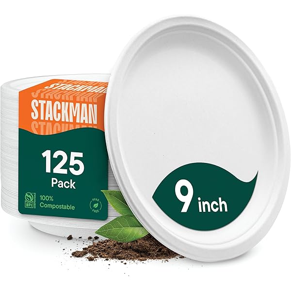 Stack Man 100% Compostable Paper Plates 9 Inch Heavy-Duty [125-Pack] Eco-Friendly White Bagasse Disposable Plates Made of Natural Sugarcane Fibers - 9" Biodegradable Plate (BPI-Certified) (PFAS-Free)