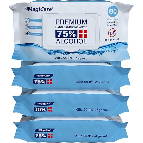 MagiCare 75% Large Alcohol Wipes (4-80ct Packs) - Alcohol Hand Sanitizing Wipes, Premium - Unscented Hand Wipe, Sanitizer Wipe - Travel, Home, Classroom, Camping - 4 Soft Packs (320pcs)