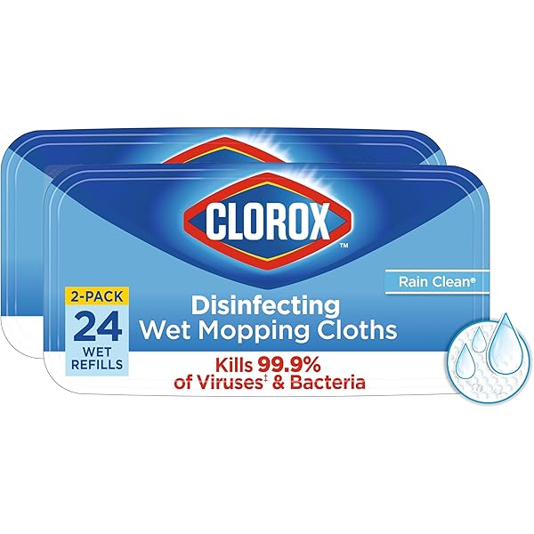 Clorox Disinfecting Wet Mop Pad, Disposable Mop Heads, Multi-Surface Floor Wipes, Rain Clean, 2 Packs, 24 Wet Refills Per Pack (Package May Vary)