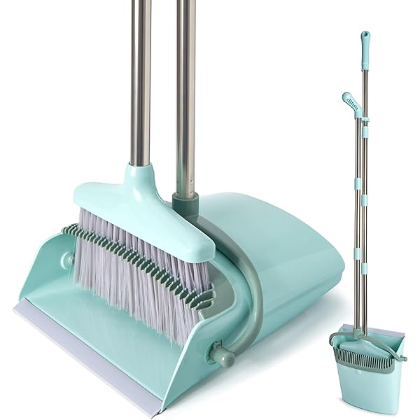 XXXFLOWER Broom and Dustpan Set with Cleaning Teeth, 55" Long Handle Indoor Sweeping Combo for Home Office Kitchen, Bluish Green