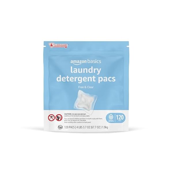 Amazon Basics Laundry Detergent Pacs, Hypoallergenic, Free & Clear, 120 Count (New Packaging)