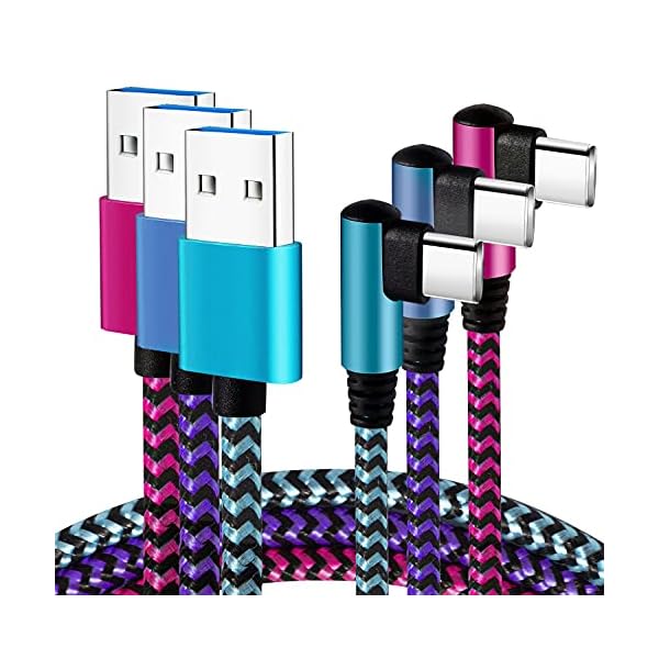 Teeind USB Type C Cable 2.1A Fast Charging: [90 Degree/6ft/3Pack] Nylon USB C Cord Right Angle Compatible with Samsung Galaxy S23/S22/9/Note 10, USB C Charger-Blue/Magenta/Purple