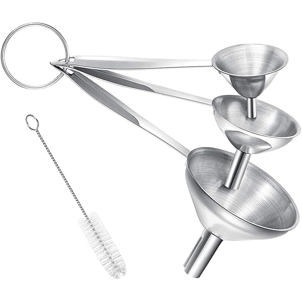 Small Funnels for Filling Bottles, 3 Pcs Stainless Steel Kitchen Funnel Set with Long Handle, Food Grade Mini Metal Funnel for Transferring Oil Liquid, Easy Cleaning with a Brush