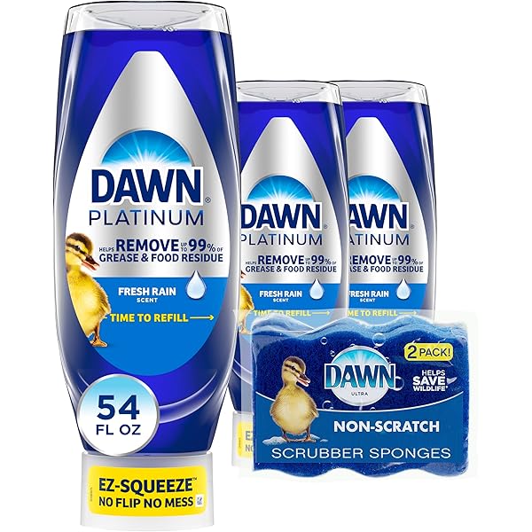 Dawn Dish Soap Squeeze Bottle, EZ-Squeeze Platinum Dish Soap Liquid+Non-Scratch Sponges for Dishes, Fresh Rain, Includes 3x18oz Bottles+2 Sponges