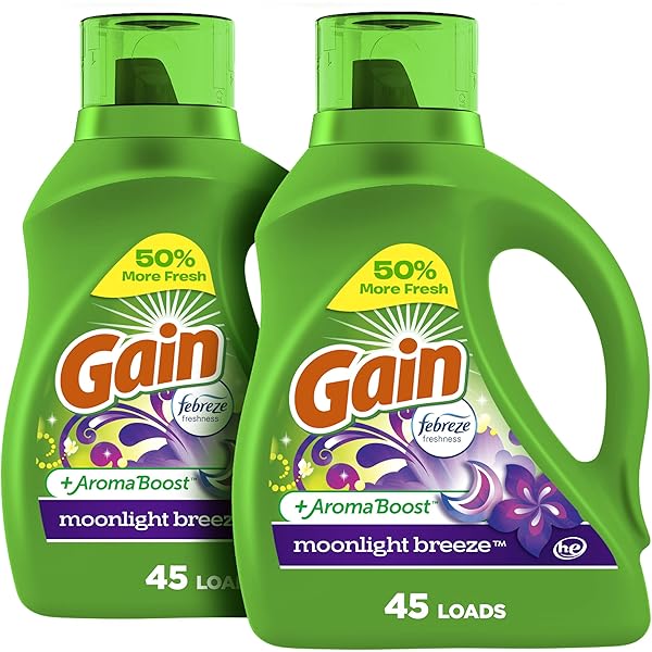 Gain Liquid Laundry Detergent, Moonlight Breeze Scent, 65 fl oz x 2, 45 x 2 loads, Freshness + Odor Fighting, High efficiency washing machine iquid cleaning soap
