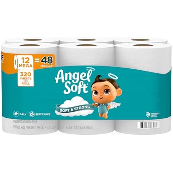 Angel Soft Toilet Paper, 12 Mega Rolls = 48 Regular Rolls, Soft and Strong Toilet Tissue