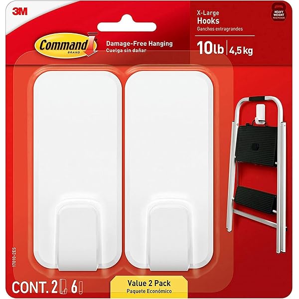 Command 10 lb XL Heavyweight Hook, 2 Wall Hooks and 6 Command Strips, Damage-Free Hanging with Adhesive, Heavy Duty Hanging Great for Christmas Decorations