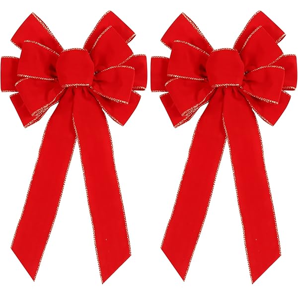 2 Pack Red Christmas Bows Outdoor Decorations,12”x20” Large Christmas Tree Topper Bow, Velvet Wreath Bow with Glitter Gold Edge for Xmas Home Front Door Decor