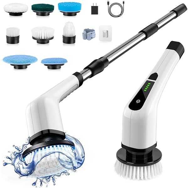 Electric Spin Scrubber, Cordless Cleaning Brush Scrubber for Home, 8 Replaceable Brush Heads-90Mins Work Time, 3 Adjustable Size, 2 Speeds for Bathroom Shower Bathtub Glass Car