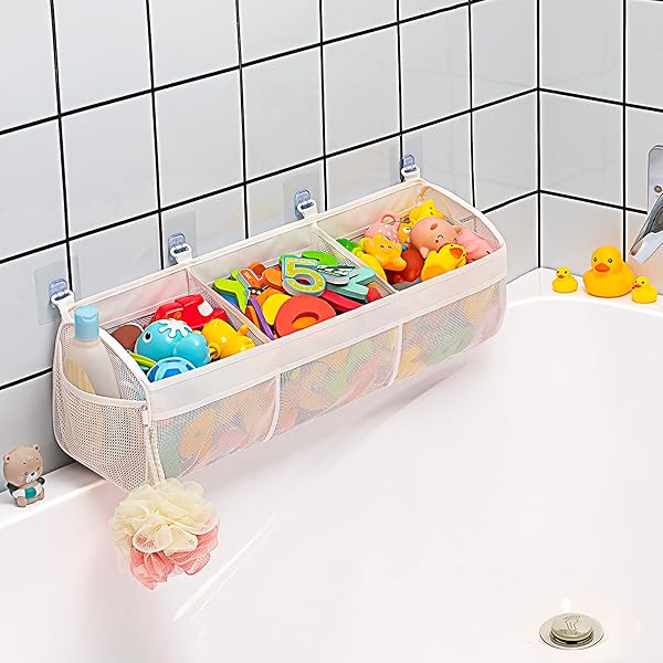 Original 3 Compartment Horizontal Large Openings Bath Toy Organizer for Tub, Capacity Upgrade Bath Toy Storage and Holder, Bathtub Toy Holder for Easy Access and Sorting of Toys.