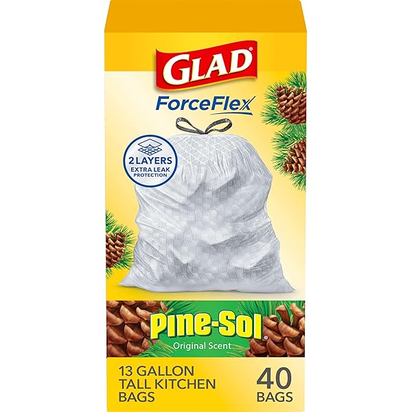 Glad ForceFlex Tall Kitchen Trash Bags, 13 Gallon, Pine-Sol Original, 40 Count (Package May Vary)