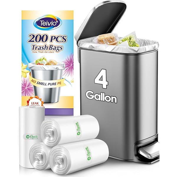 Teivio 4 Gallon 200 Counts Strong Trash Bags Garbage Bags, Bathroom Trash Can Bin Liners, Small Plastic Bags for Home Office Kitchen Kitchen (Clear)