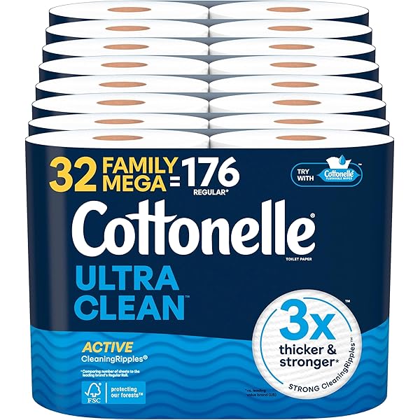 Cottonelle Ultra Clean Toilet Paper with Active CleaningRipples Texture, Strong Bath Tissue, 32 Family Mega Rolls = 176 Regular Rolls (8 Packs of 4)