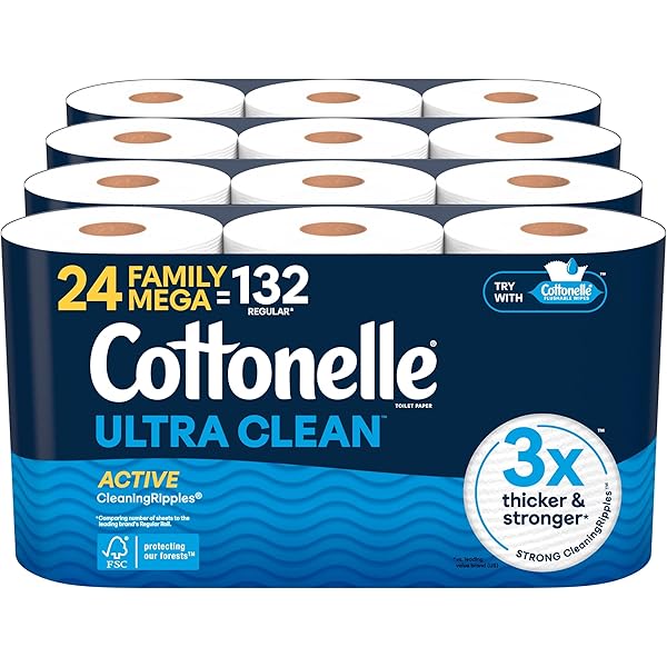 Cottonelle Ultra Clean Toilet Paper with Active CleaningRipples Texture, Strong Bath Tissue, 24 Family Mega Rolls = 132 Regular Rolls (4 Packs of 6)