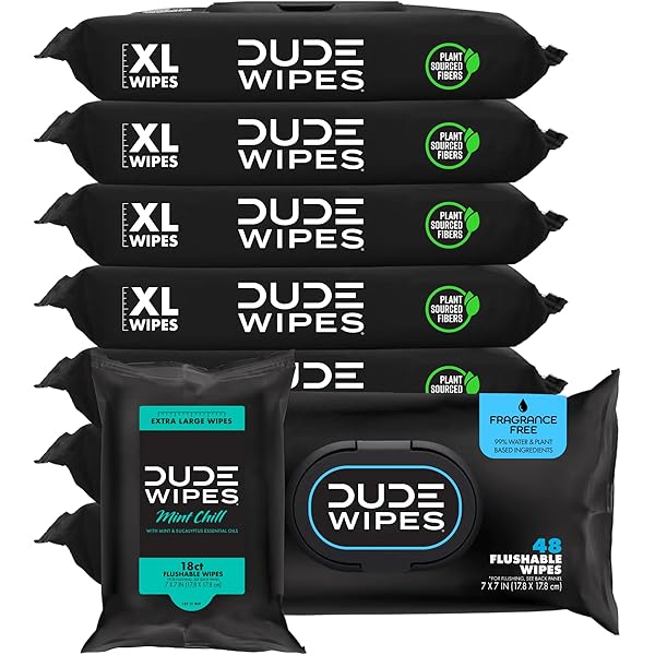 DUDE Wipes - Flushable Wipes - 8-Pack, 384 Count - Unscented + Mint Chill Travel Pack 1-Pack, 18-Count - Extra-Large - Vitamin-E & Aloe - Septic and Sewer Safe