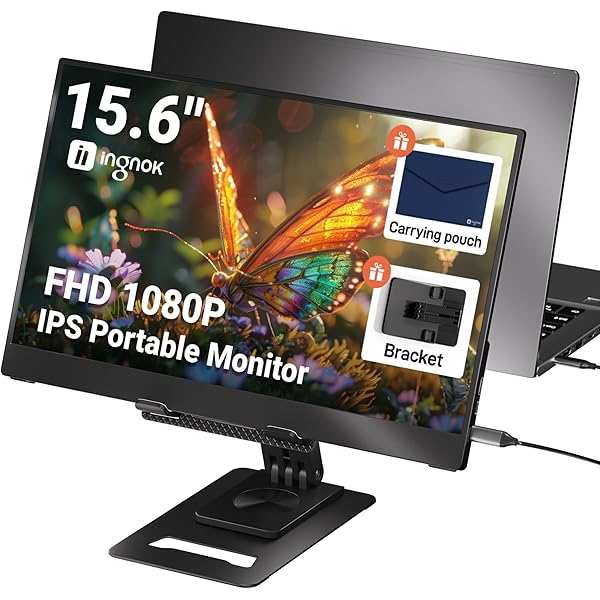 Ingnok Portable Monitor, Ultra Slim 15.6 Inch FHD IPS Laptop Screen Extender with Adjustable Stand, USB C Compatible, Ideal for Travel and Office