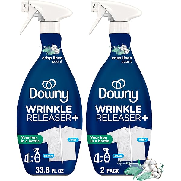 Downy Wrinkle Releaser Spray, All In One Formula, Removes Wrinkles, Static and Odor Eliminator, Crisp Linen Scent, 33.8 Fl Oz, Pack of 2 (Packaging May Vary)