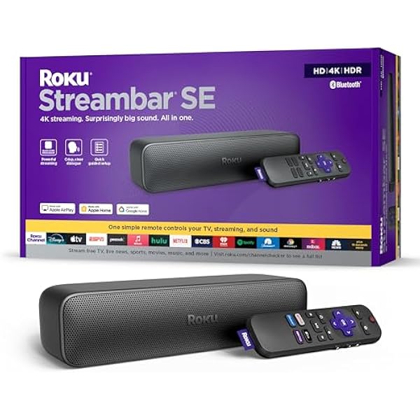 Roku Streambar SE | 2-in-1 TV Soundbar with Built-in 4K/HD/HDR Streaming, Premium Speakers, & Enhanced Speech Clarity for Crisp, Clear Dialogue - Quick Guided Simple Setup